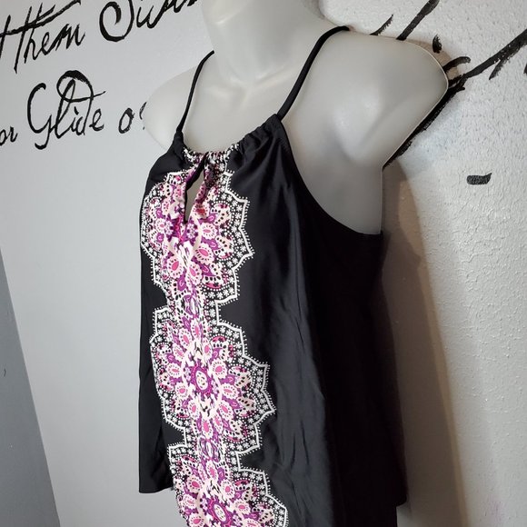 NWT Yonique Black & Pink Mandala Design Tankini Swimsuit with Bikini Bottom - Picture 2 of 6